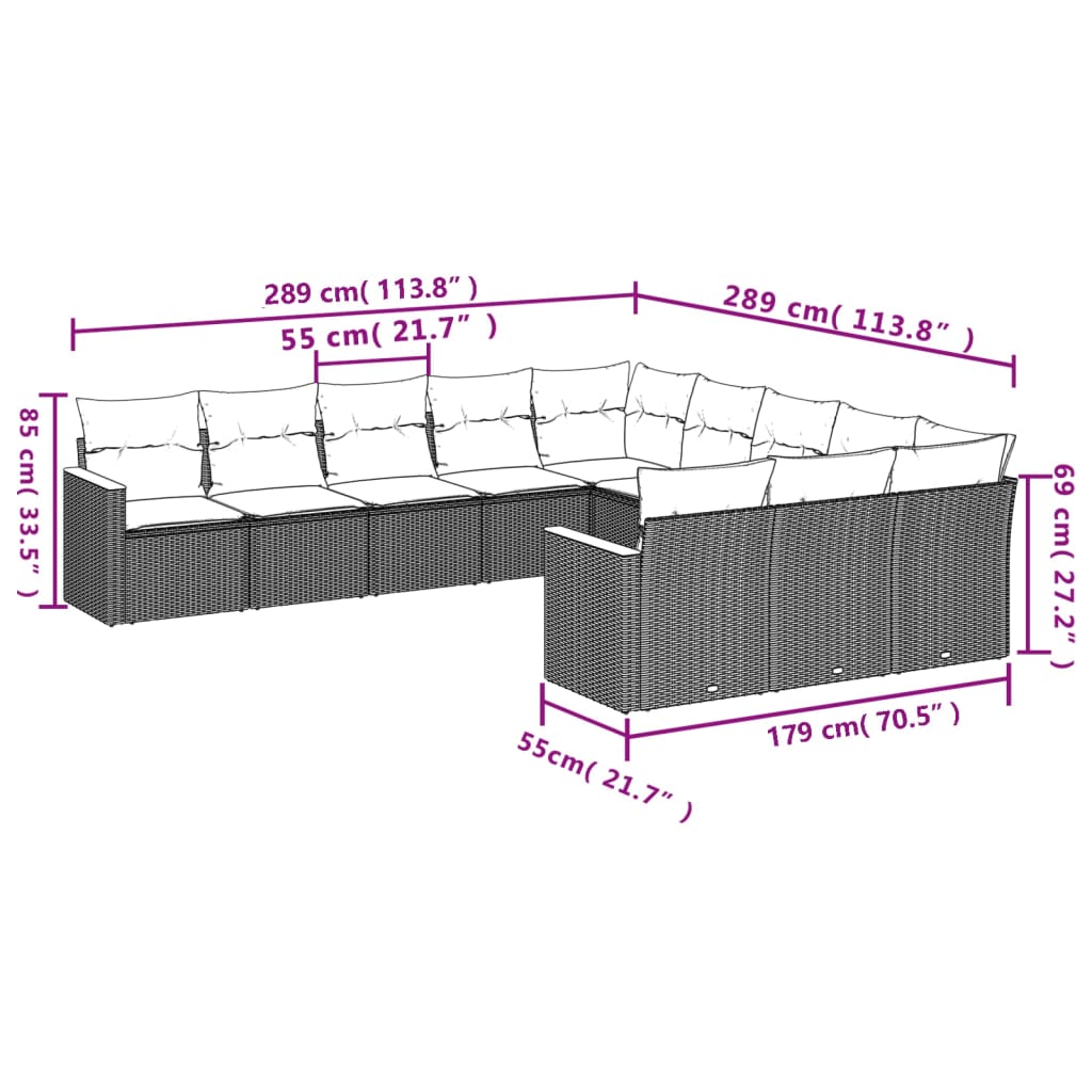 11-teiliges Gartensofa-Set mit Kissen, grau, Polyrattan