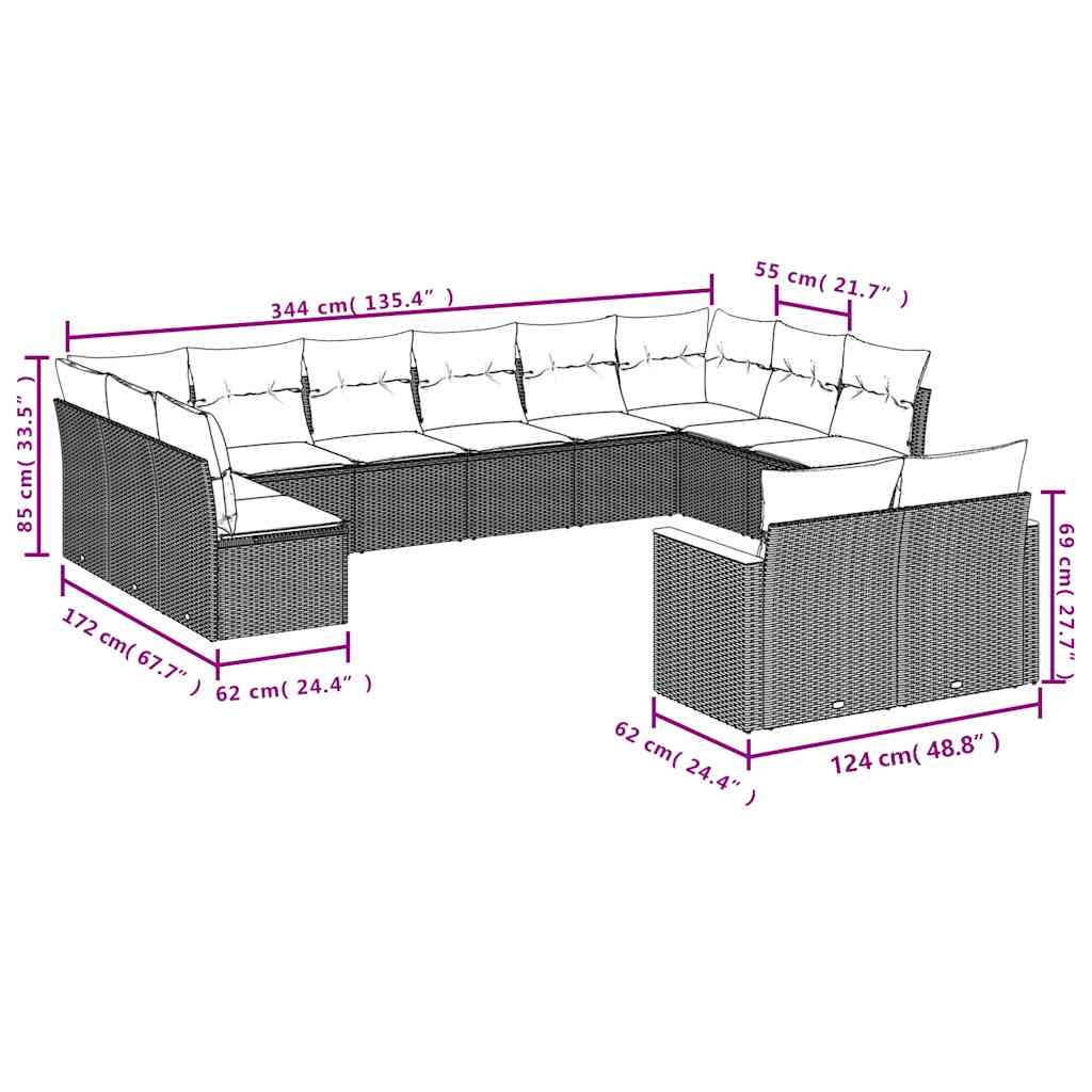 14-teiliges Gartensofa-Set mit Kissen, schwarzes Polyrattan