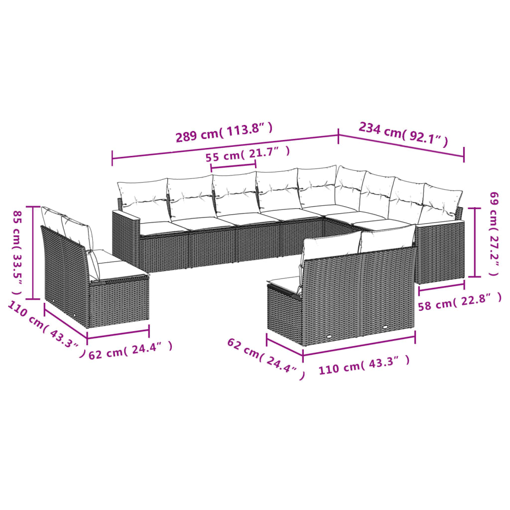 12-teiliges Gartensofa-Set mit Kissen, schwarzes Polyrattan