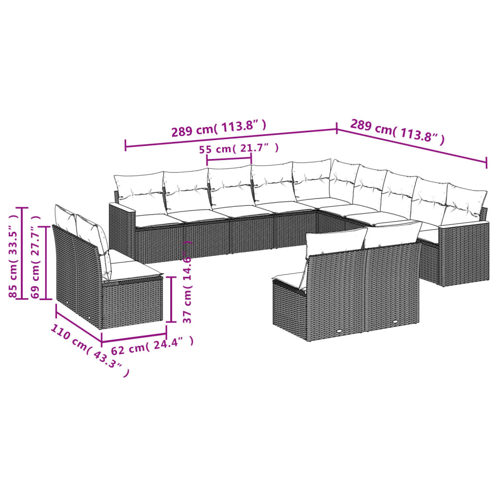 13-teiliges Gartensofa-Set mit Kissen, schwarzes Polyrattan