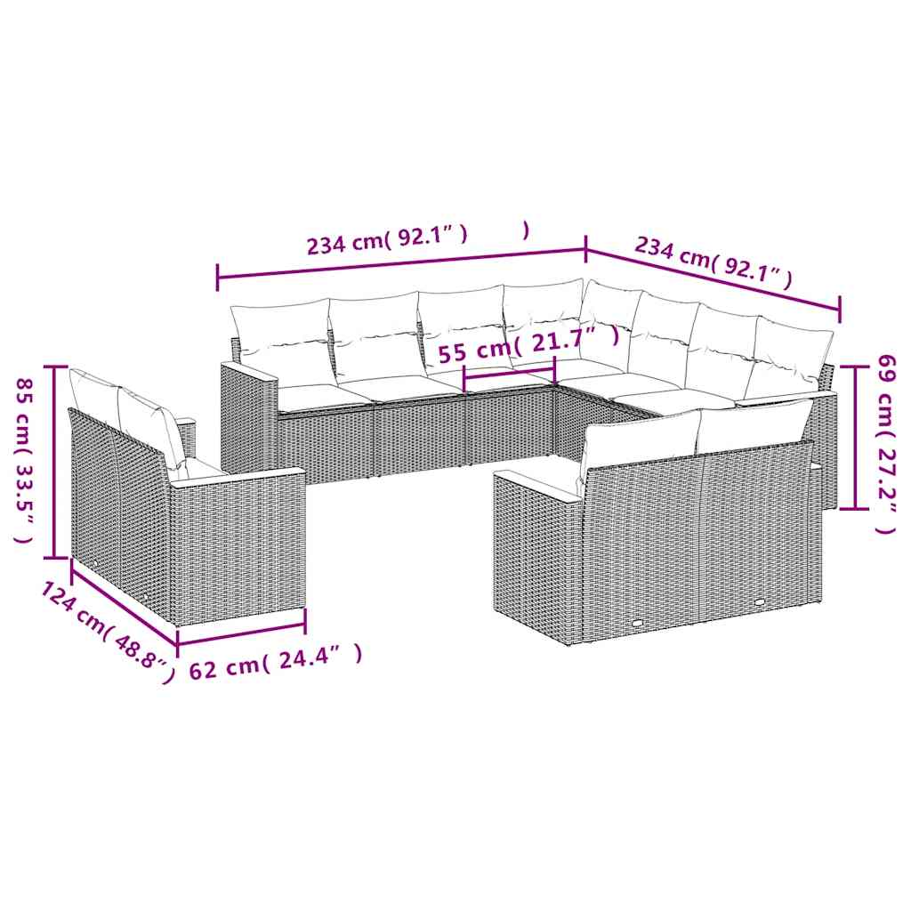 11-teiliges Gartensofa-Set mit Kissen, schwarzes Polyrattan