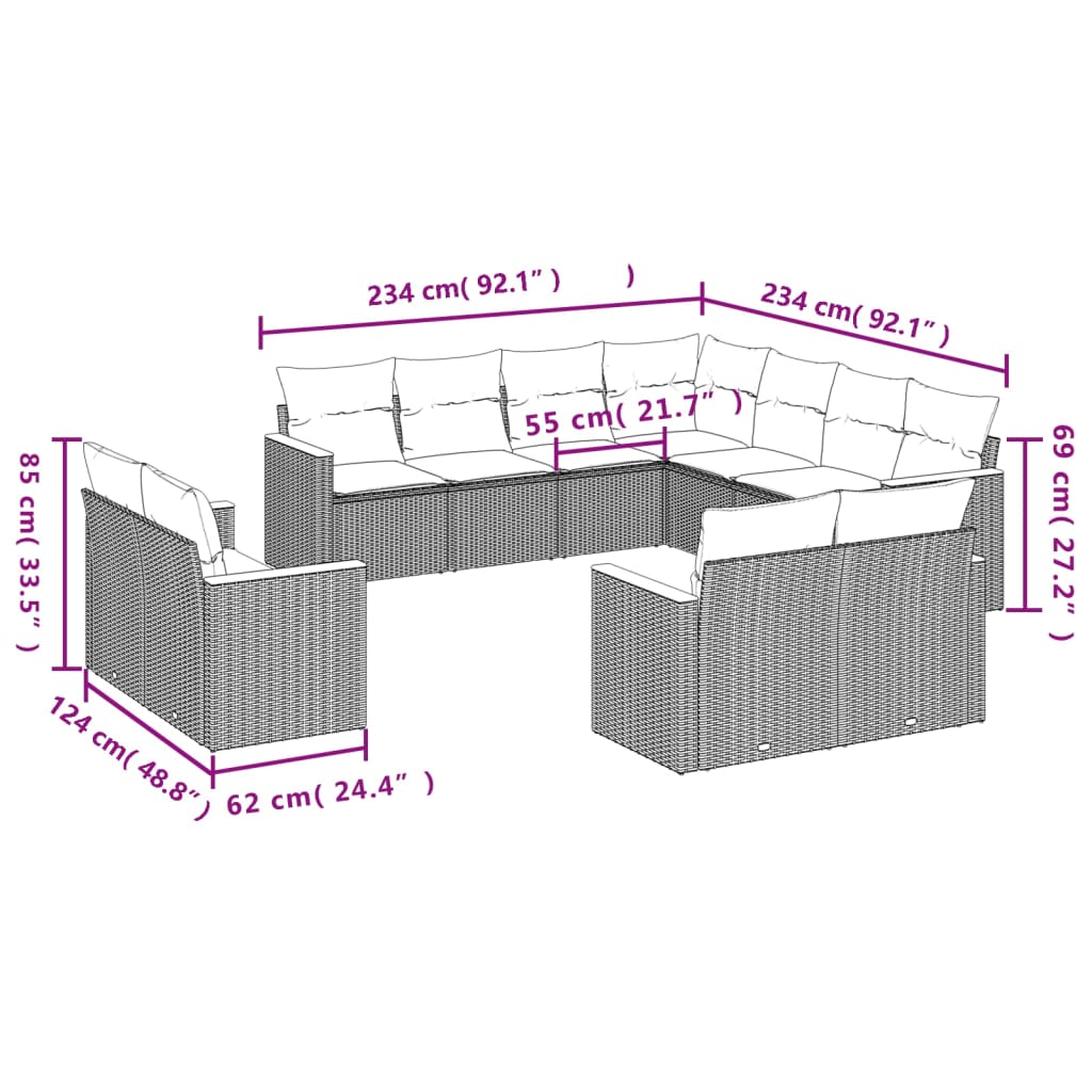 11-teiliges Gartensofa-Set mit Kissen, grau, Polyrattan