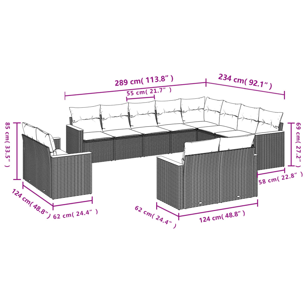 12-teiliges Gartensofa-Set mit Kissen, schwarzes Polyrattan