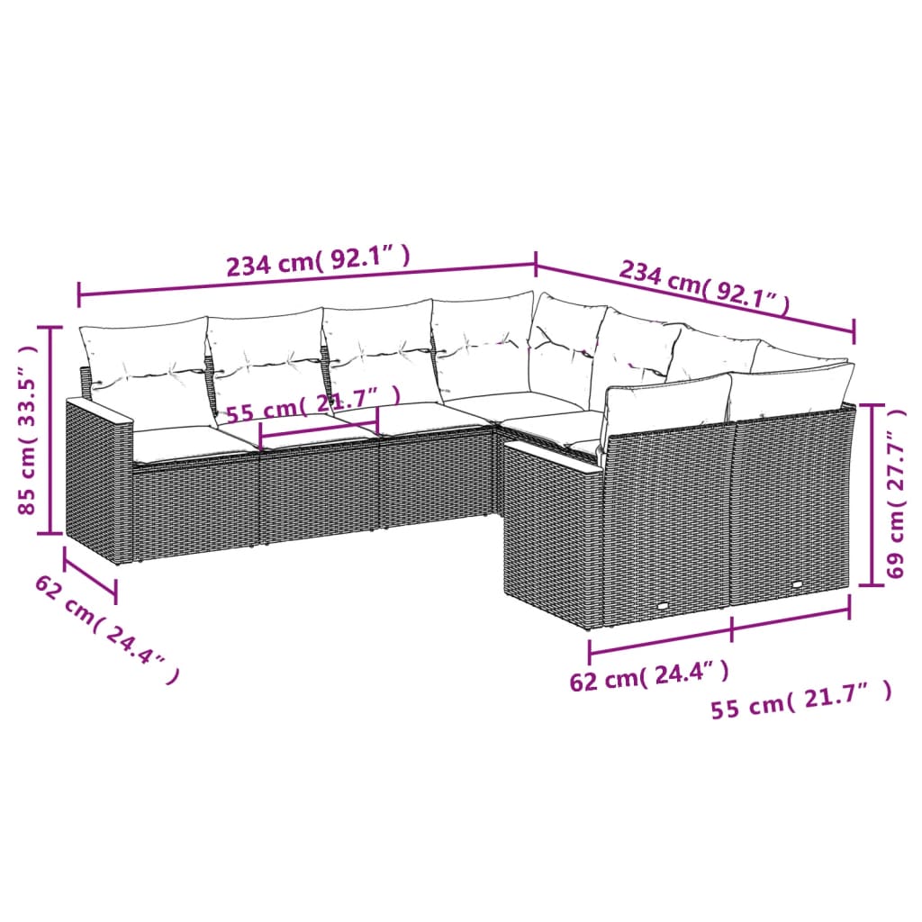 8-teiliges Gartensofa-Set mit Kissen, schwarzes Polyrattan