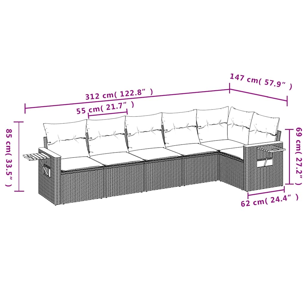 6-tlg. Garten-Sofagarnitur mit Kissen Grau Poly Rattan
