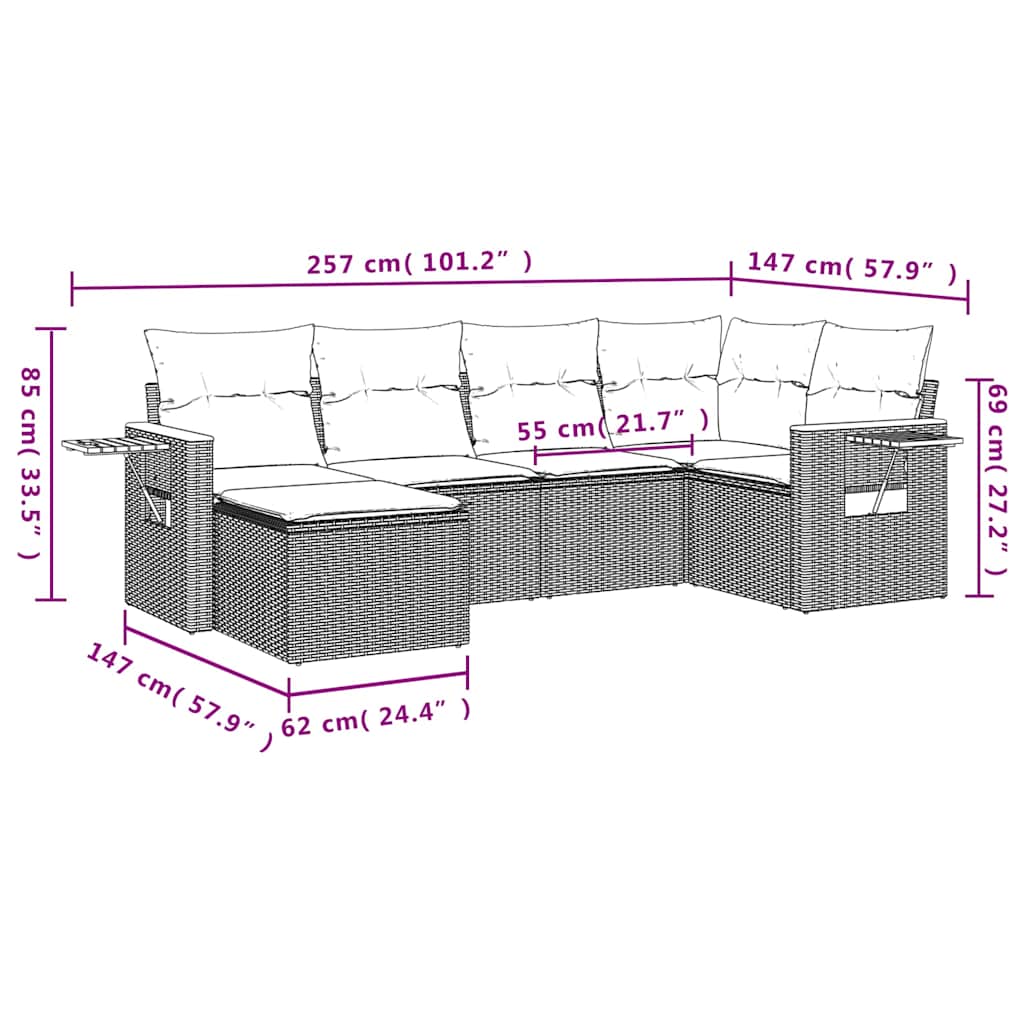 6-tlg. Garten-Sofagarnitur mit Kissen Grau Poly Rattan
