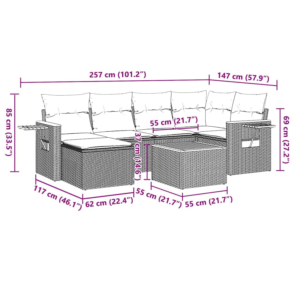 7-tlg. Garten-Sofagarnitur mit Kissen Schwarz Poly Rattan