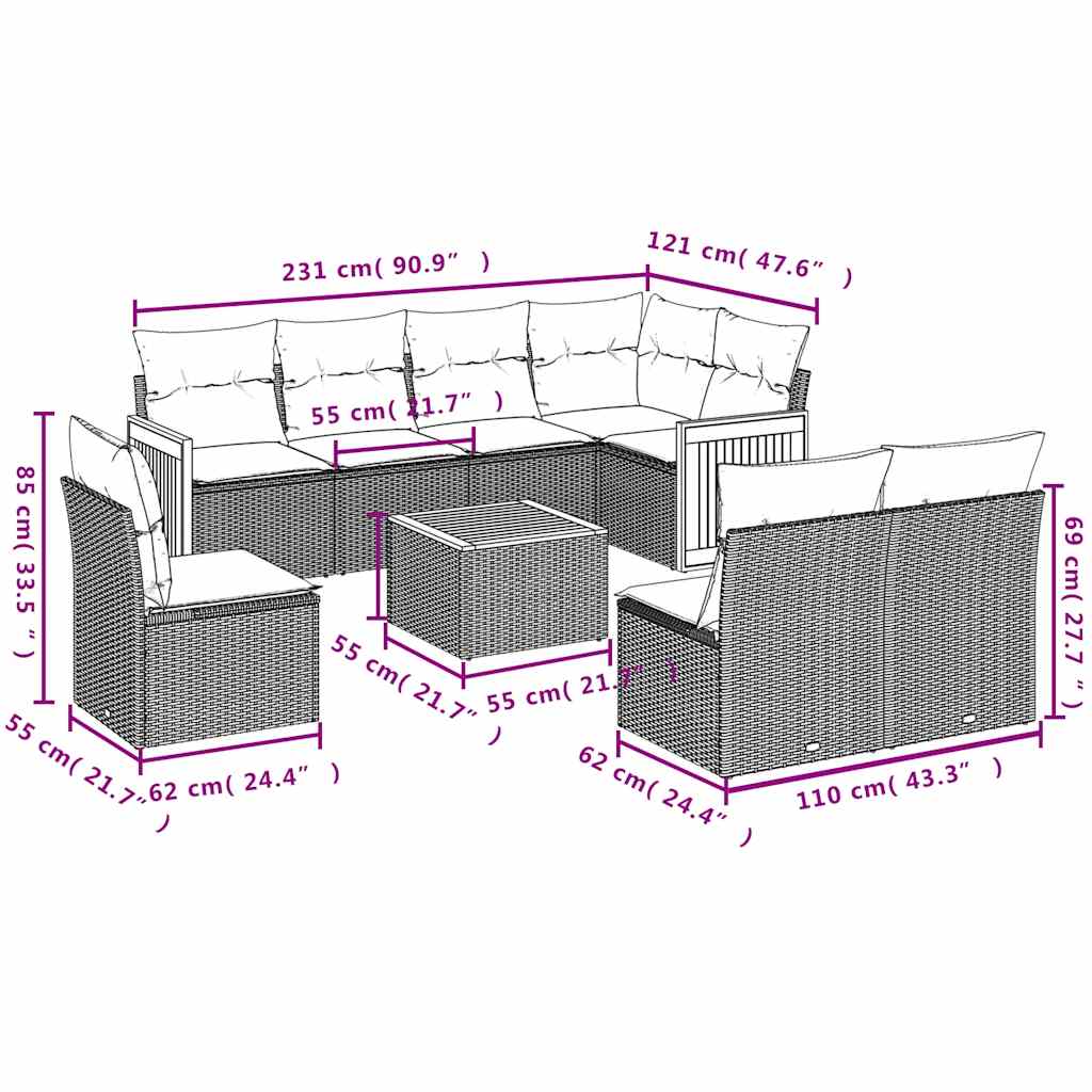 9-teiliges Gartensofa-Set mit Kissen, schwarzes Polyrattan