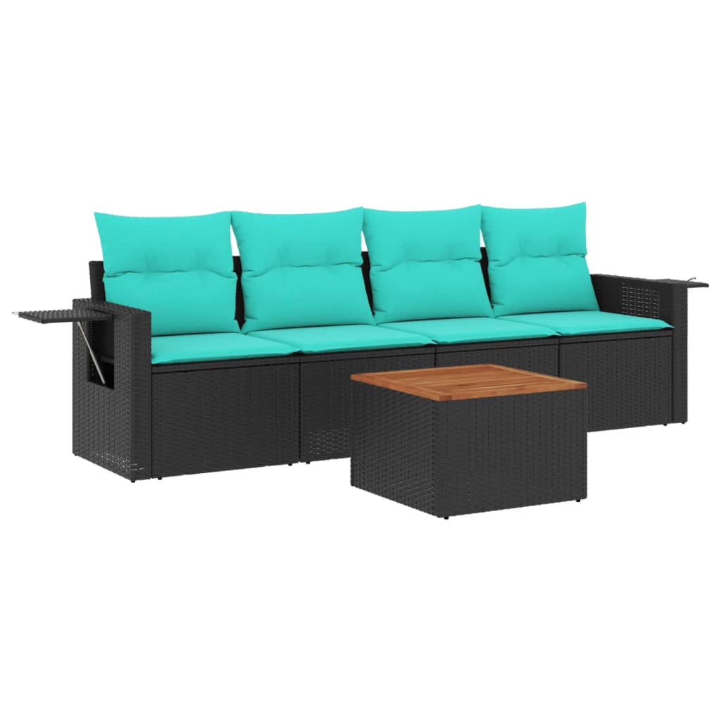5-teiliges Gartensofa-Set mit Kissen, schwarzes Polyrattan