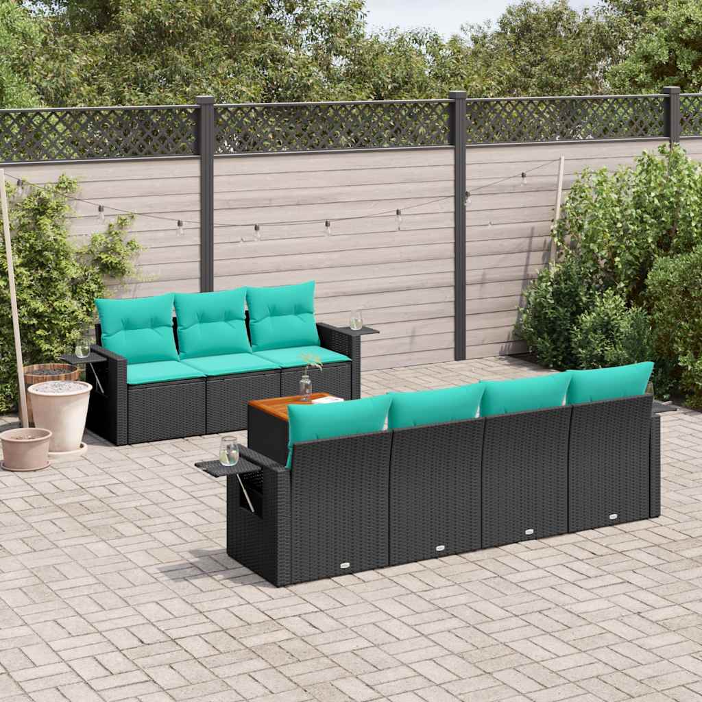 8-teiliges Gartensofa-Set mit Kissen, schwarzes Polyrattan