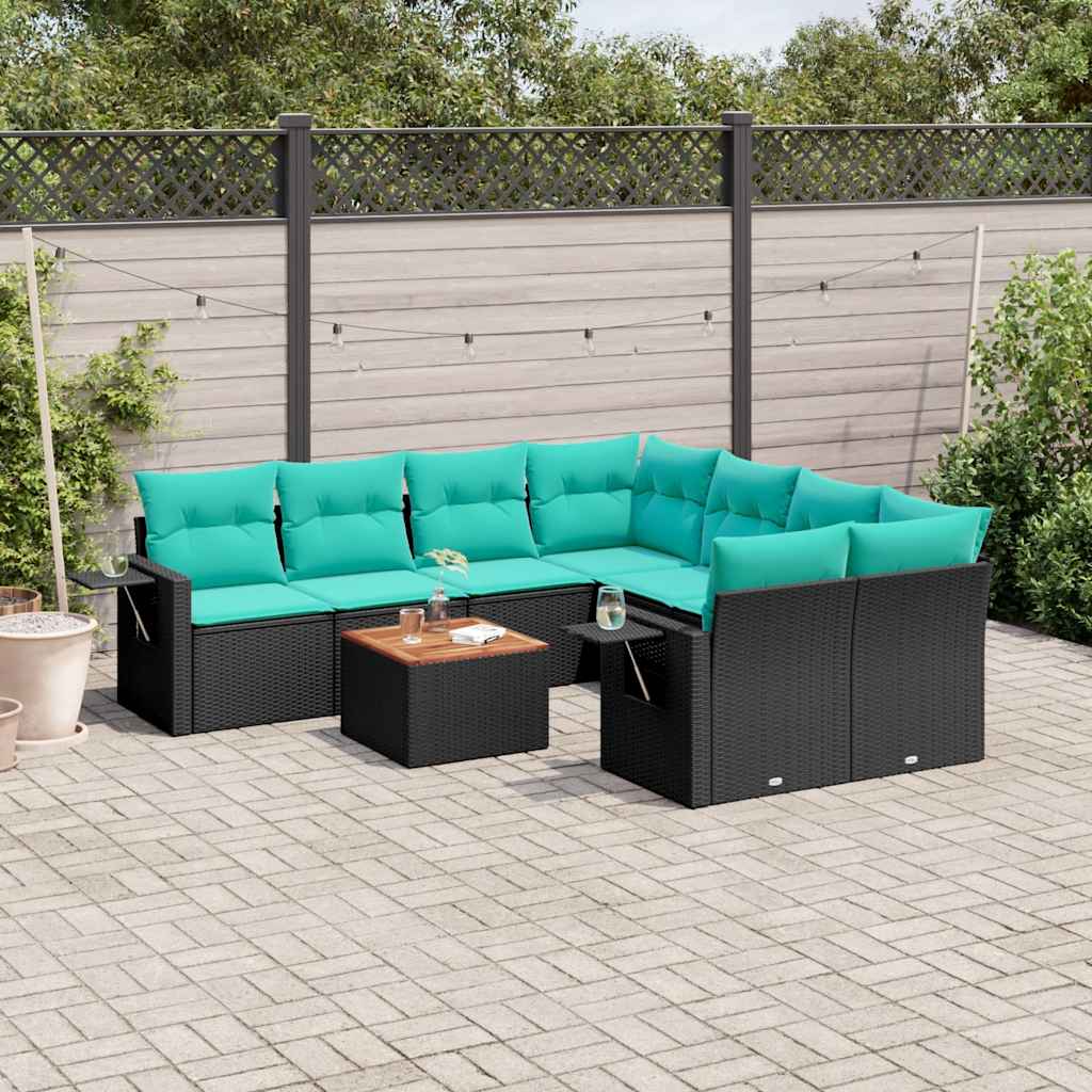 9-teiliges Gartensofa-Set mit Kissen, schwarzes Polyrattan