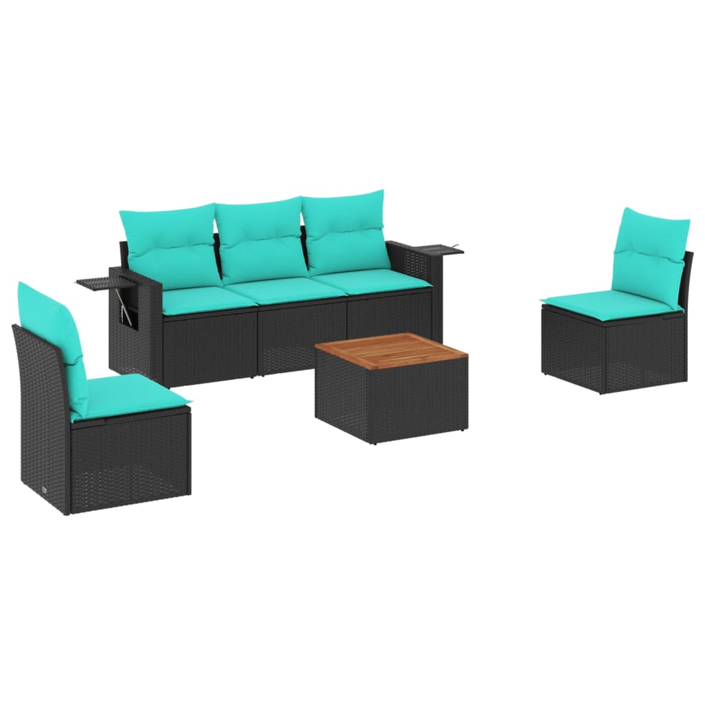 6-teiliges Gartensofa-Set mit Kissen, schwarzes Polyrattan