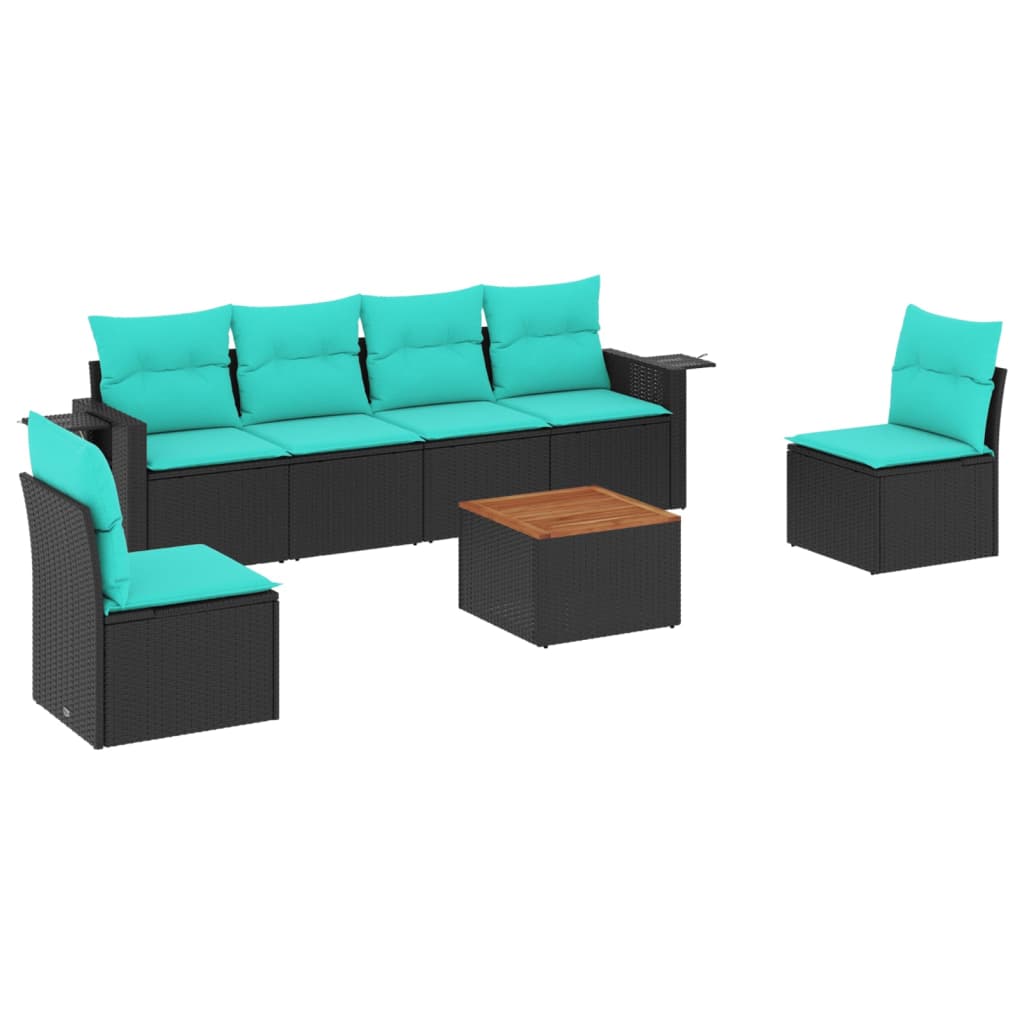 7-teiliges Gartensofa-Set mit Kissen, schwarzes Polyrattan