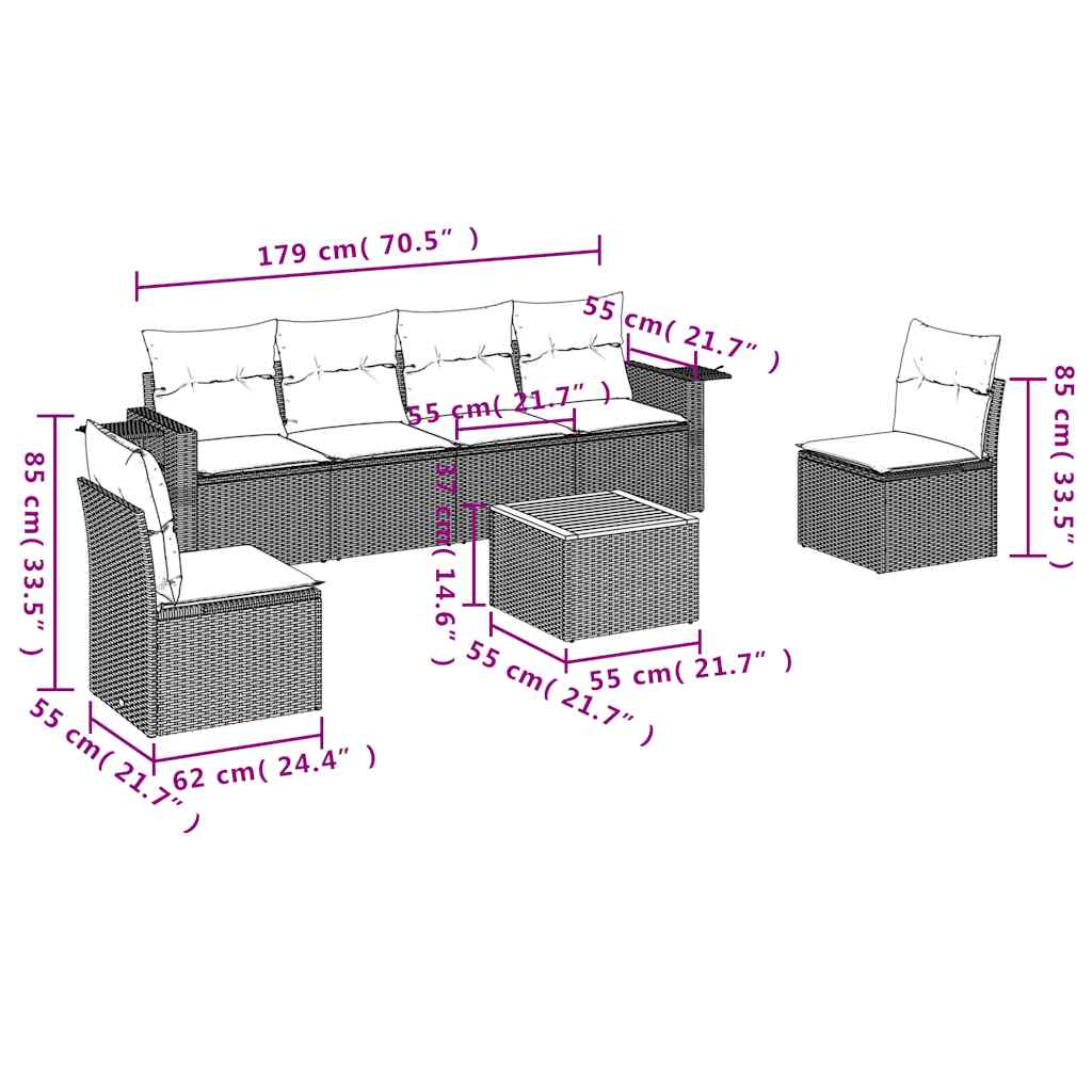7-teiliges Gartensofa-Set mit Kissen, grau, Polyrattan