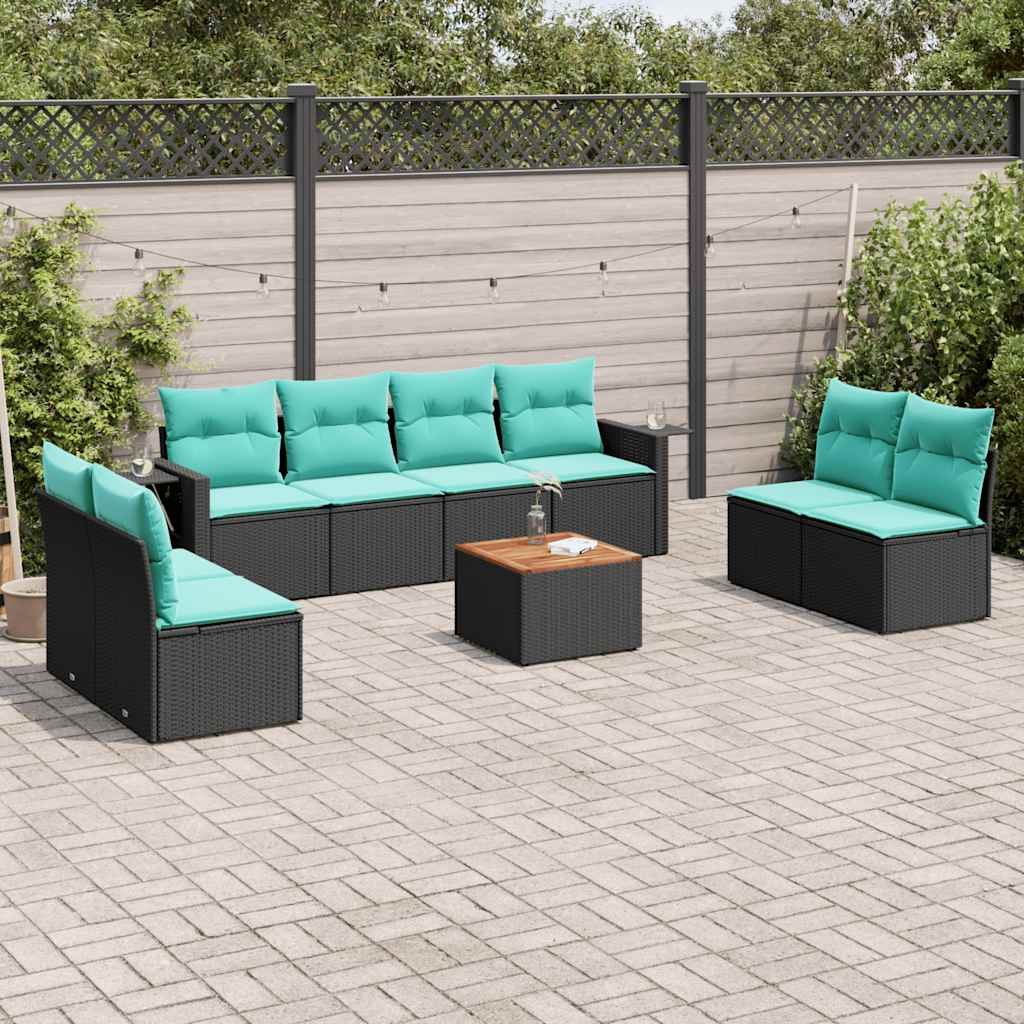 9-teiliges Gartensofa-Set mit Kissen, schwarzes Polyrattan