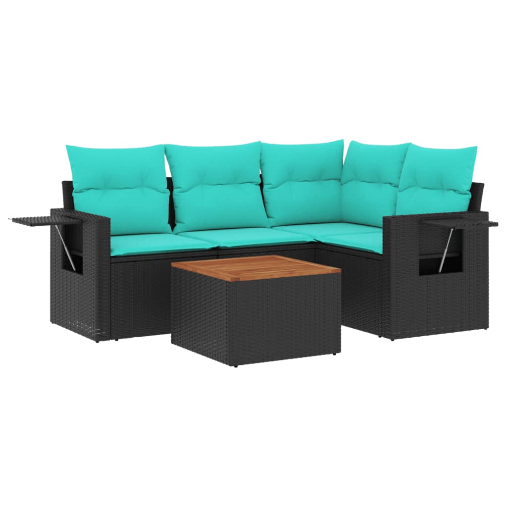 5-teiliges Gartensofa-Set mit Kissen, schwarzes Polyrattan