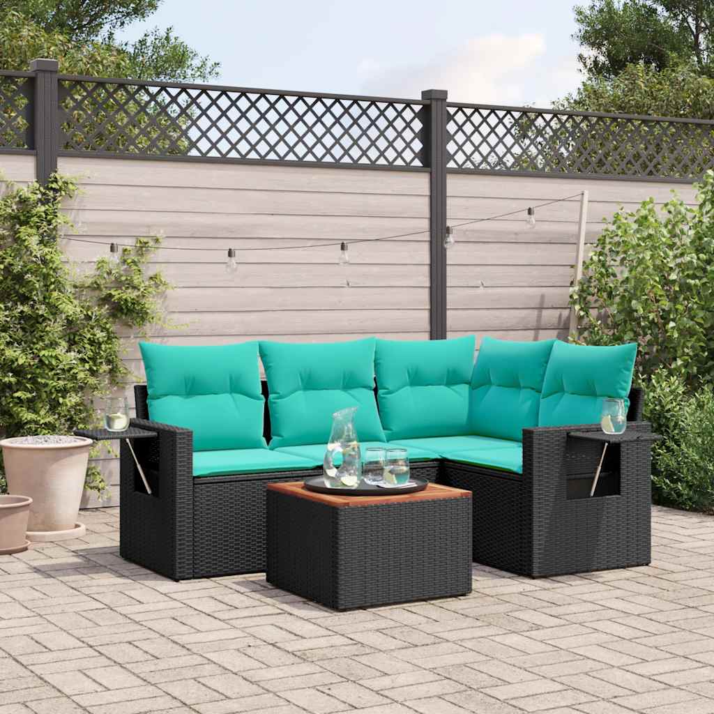 5-teiliges Gartensofa-Set mit Kissen, schwarzes Polyrattan