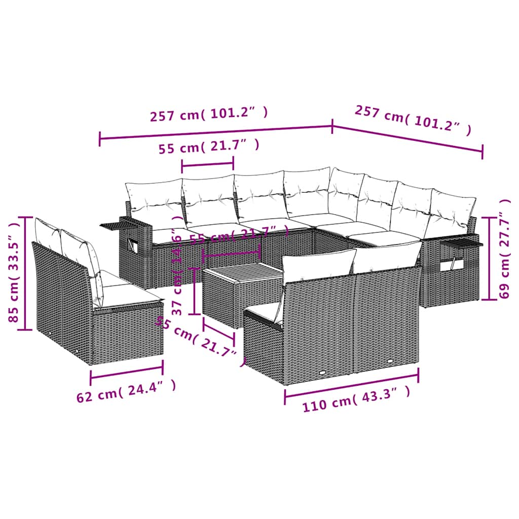 12-teiliges Gartensofa-Set mit Kissen, schwarzes Polyrattan
