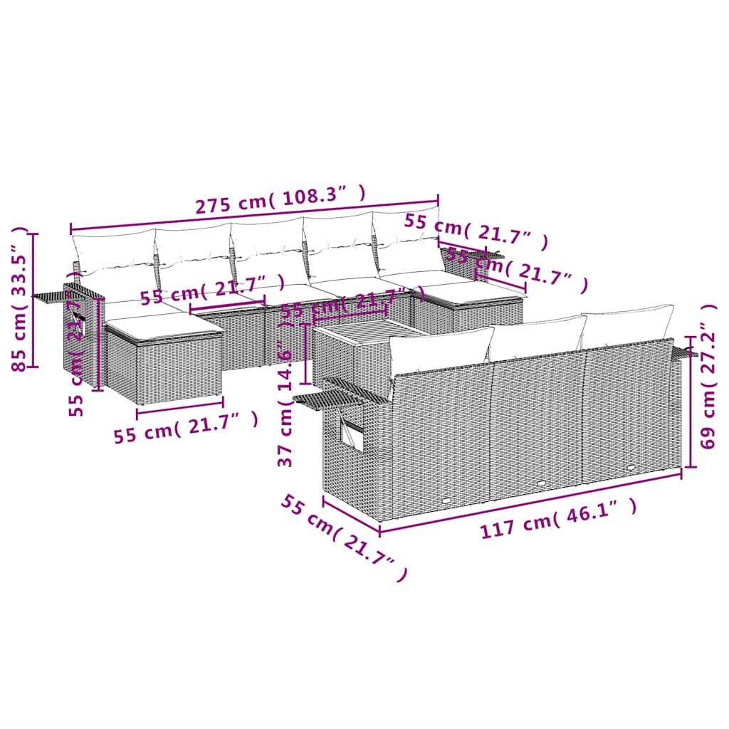 11-teiliges Gartensofa-Set mit Kissen, schwarzes Polyrattan