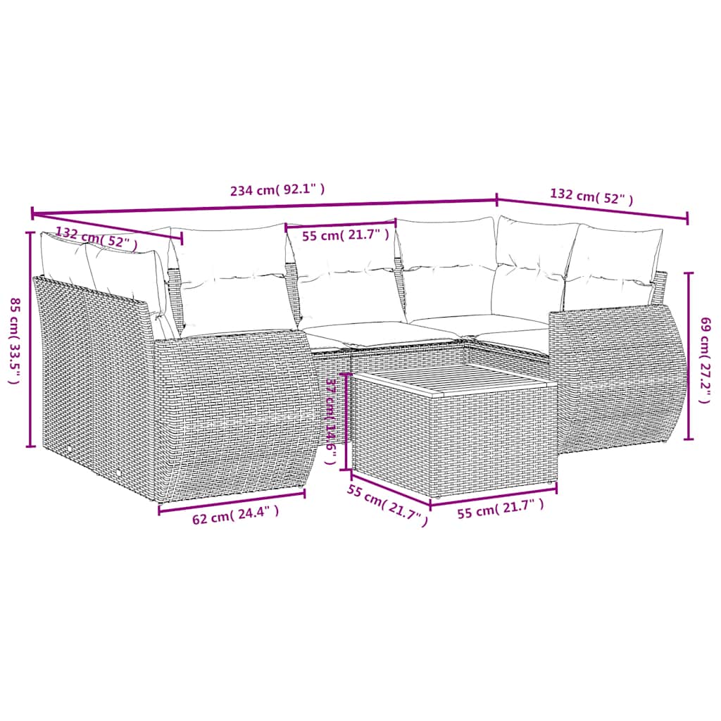 7-teiliges Gartensofa-Set mit Kissen, schwarzes Polyrattan