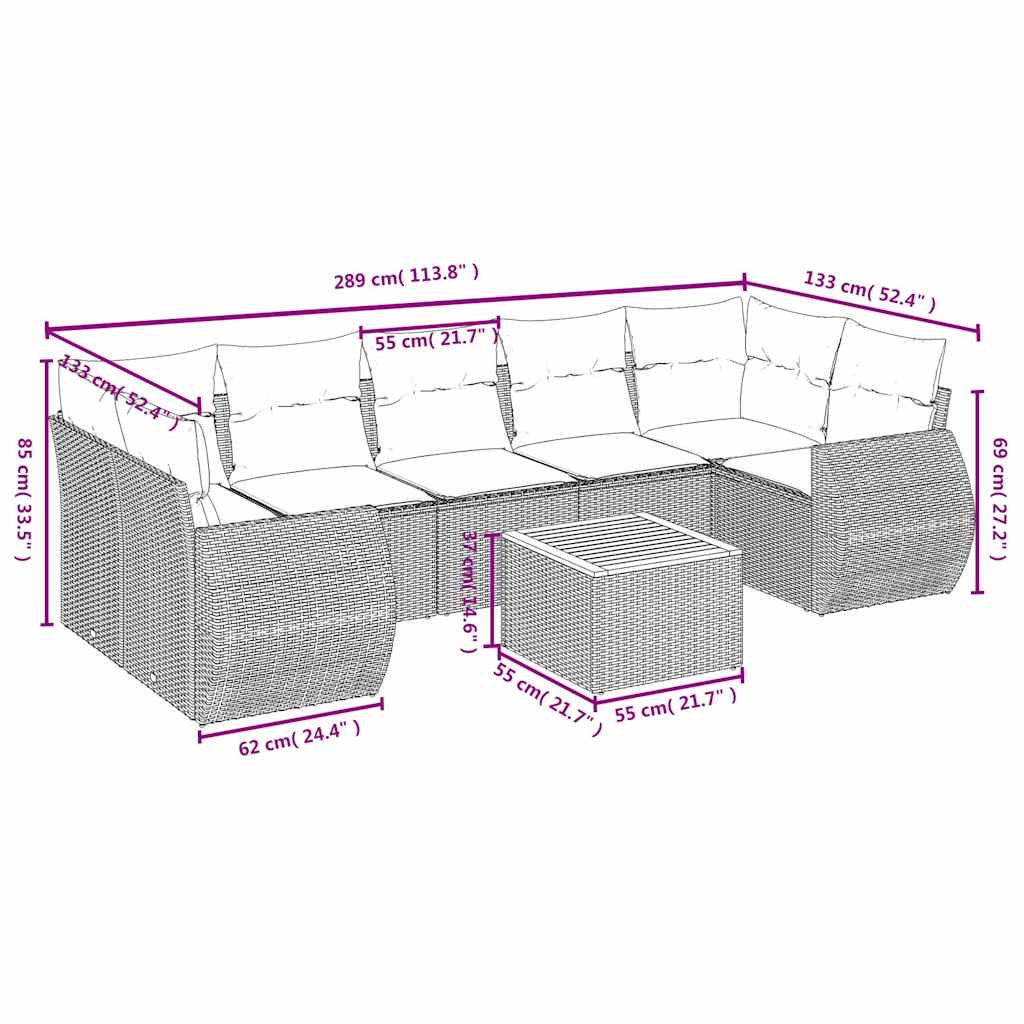 8-teiliges Gartensofa-Set mit Kissen, schwarzes Polyrattan