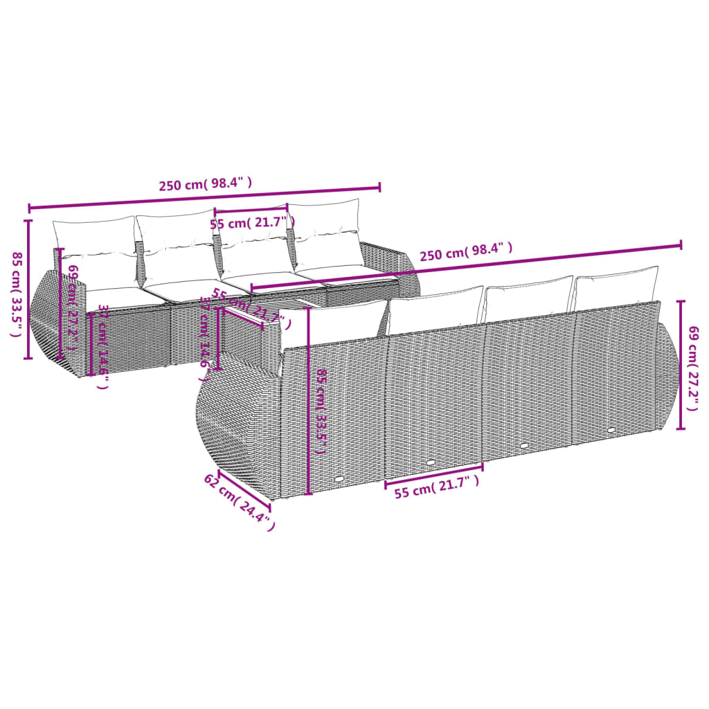 9-tlg. Garten-Sofagarnitur mit Kissen Schwarz Poly Rattan