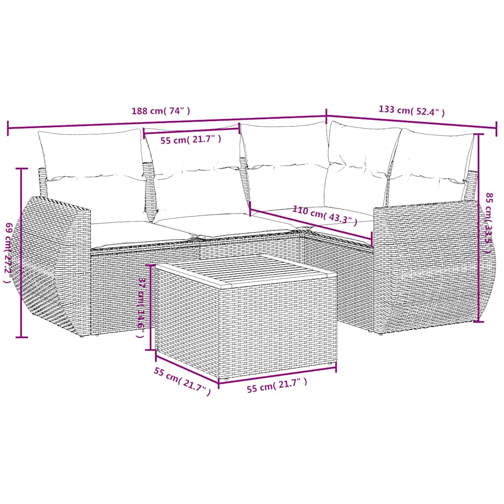 5-teiliges Gartensofa-Set mit Kissen, schwarzes Polyrattan