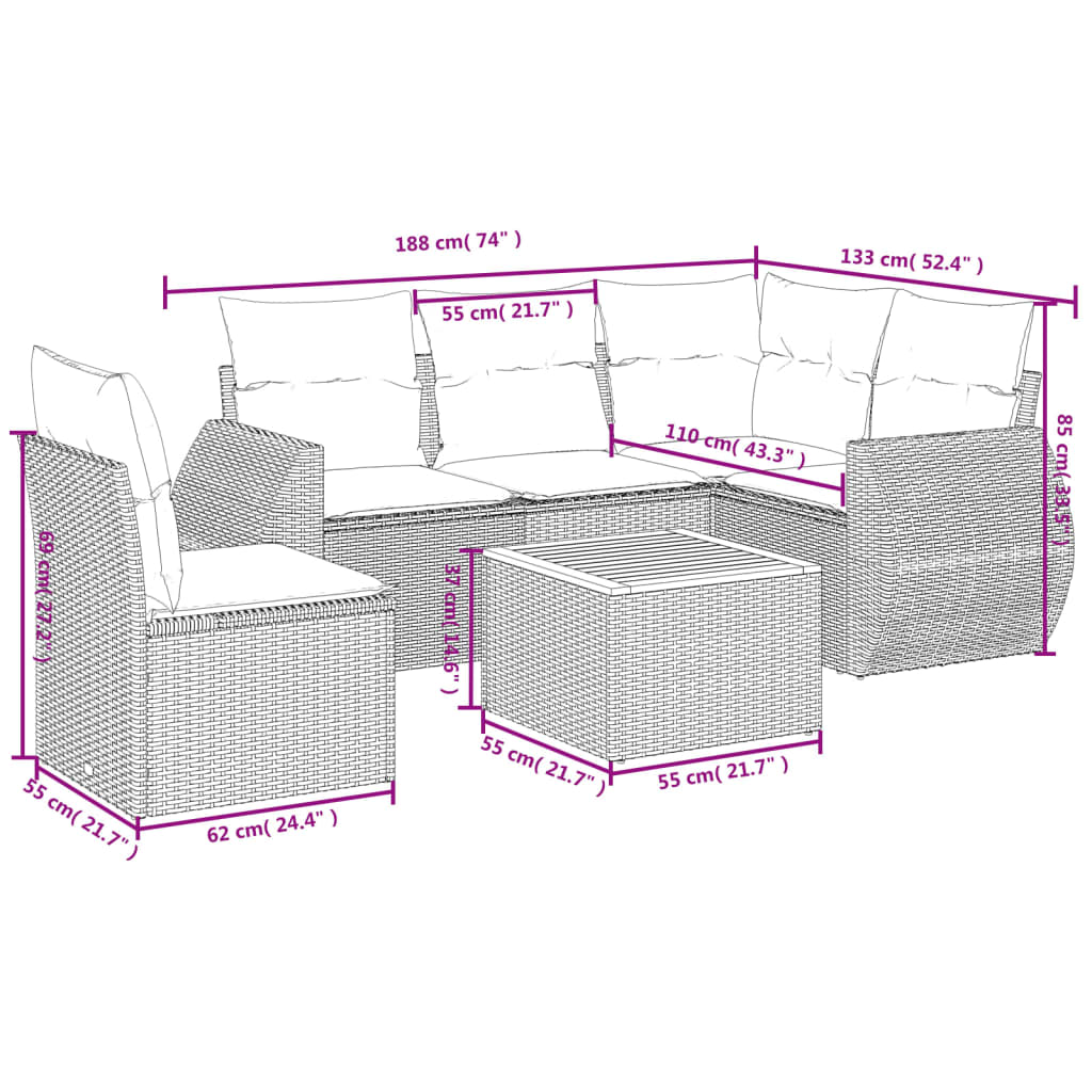 6-teiliges Gartensofa-Set mit Kissen, schwarzes Polyrattan