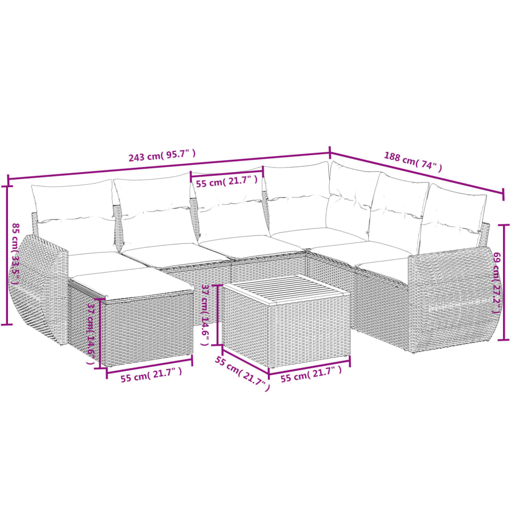 8-teiliges Gartensofa-Set mit Kissen, schwarzes Polyrattan