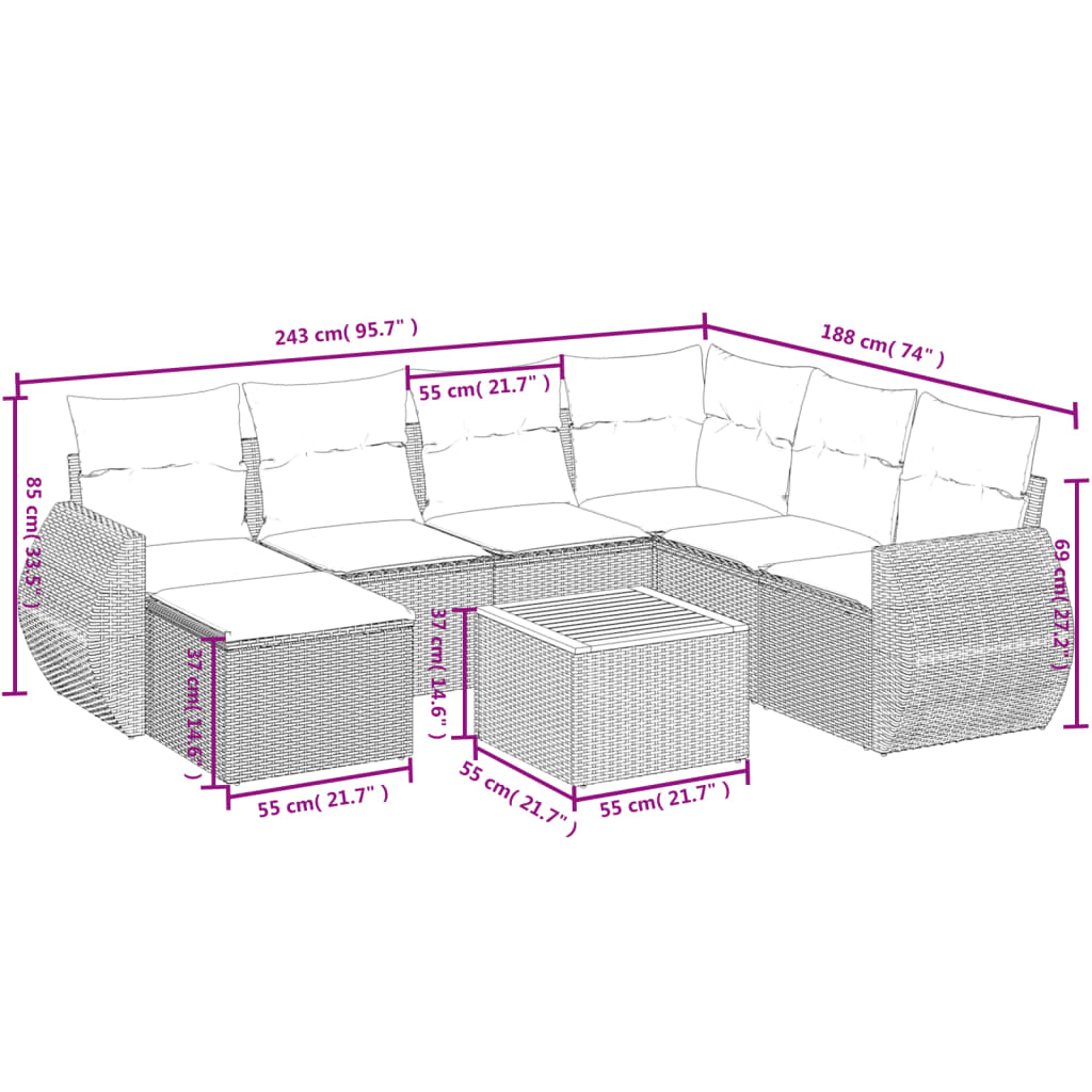 8-teiliges Gartensofa-Set mit Kissen, grau, Polyrattan