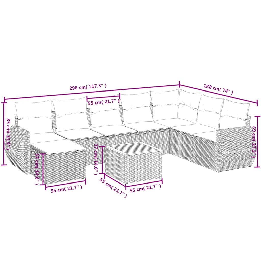 9-teiliges Gartensofa-Set mit Kissen, schwarzes Polyrattan