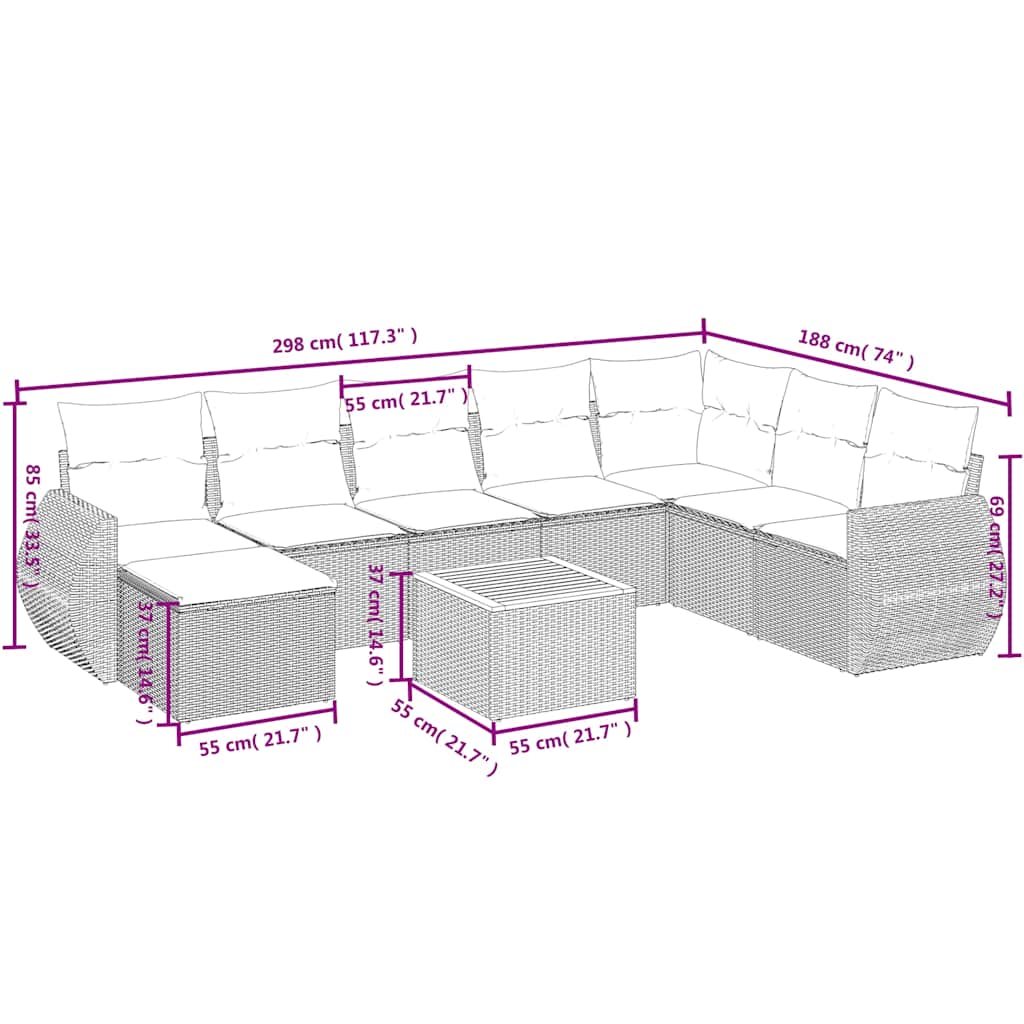 9-teiliges Gartensofa-Set mit Kissen, grau, Polyrattan