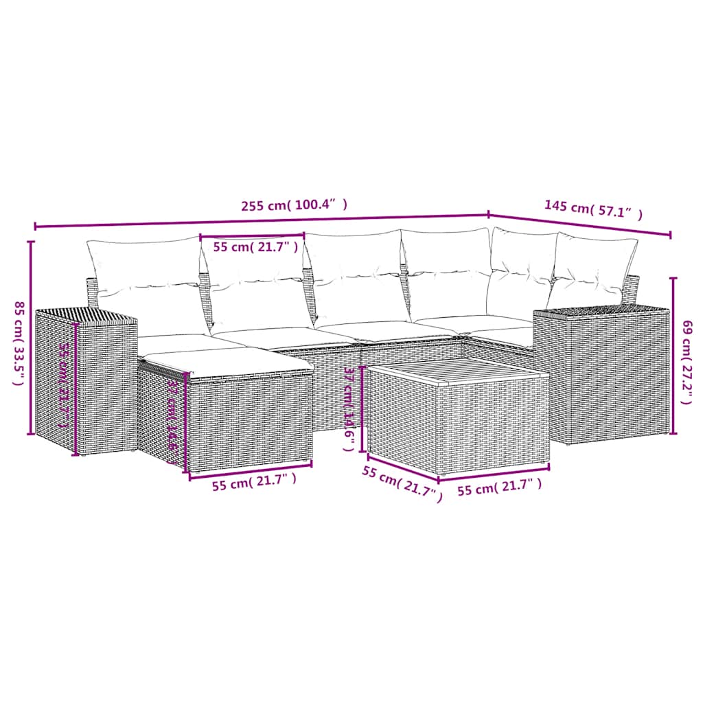 7-teiliges Gartensofa-Set mit Kissen, grau, Polyrattan