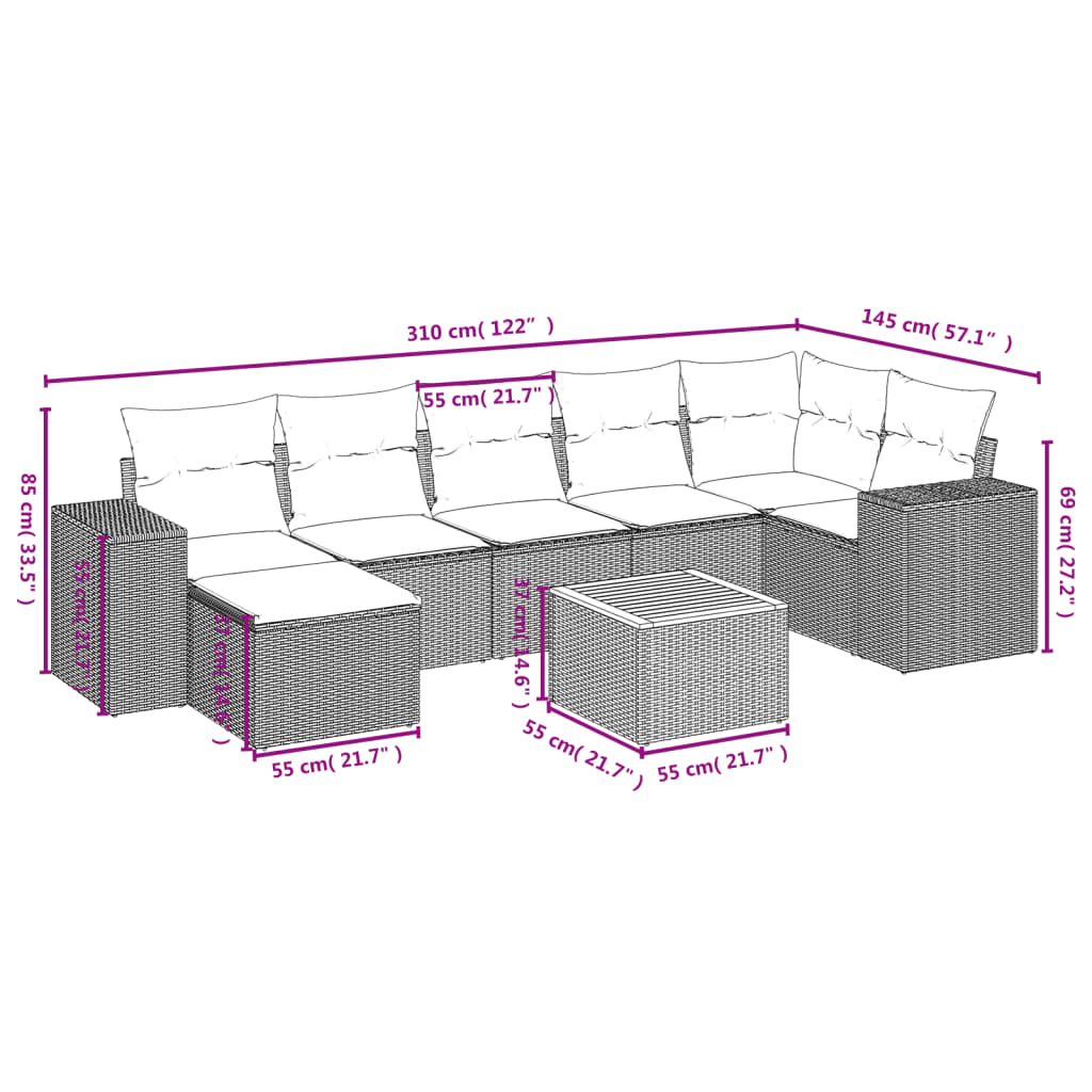 8-teiliges Gartensofa-Set mit Kissen, schwarzes Polyrattan