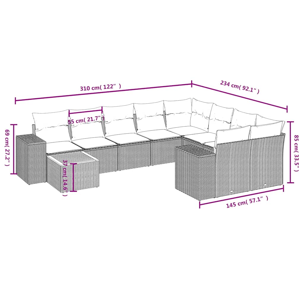 10-teiliges Gartensofa-Set mit Kissen, grau, Polyrattan