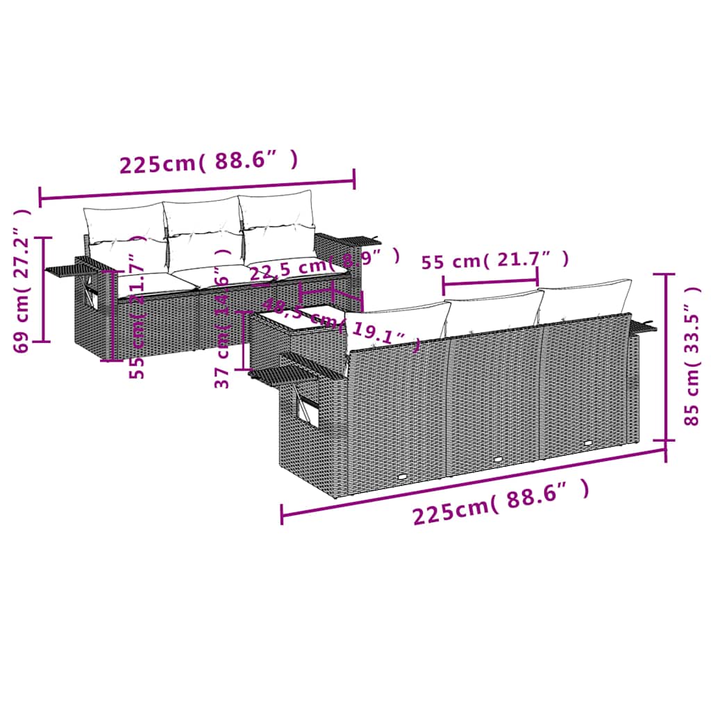 7-teiliges Gartensofa-Set mit Kissen, schwarzes Polyrattan