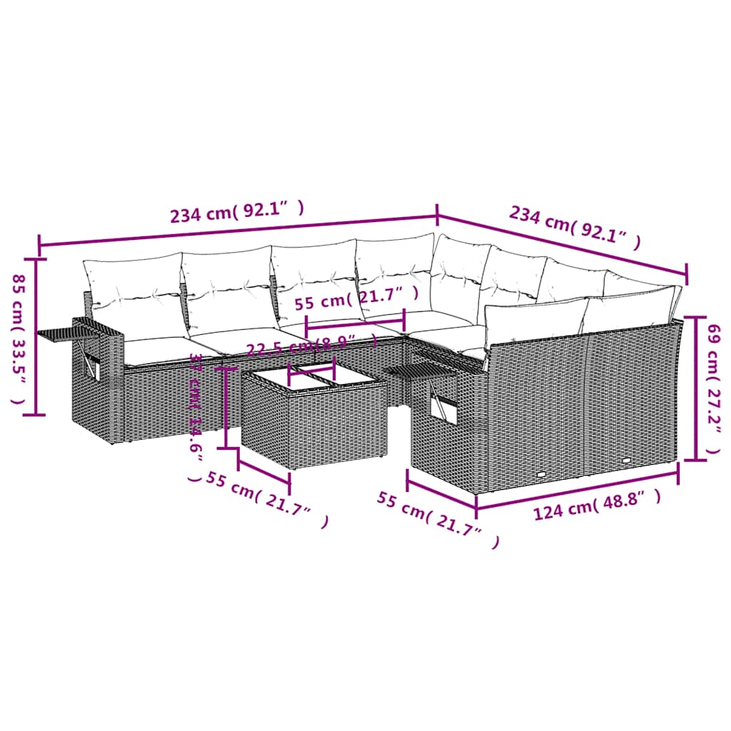 9-teiliges Gartensofa-Set mit Kissen, grau, Polyrattan