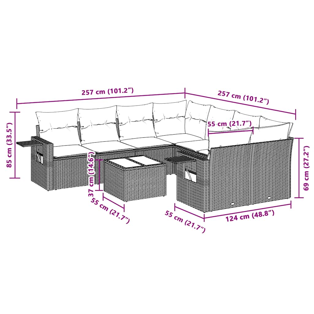 9-tlg. Garten-Sofagarnitur mit Kissen Hellgrau Poly Rattan