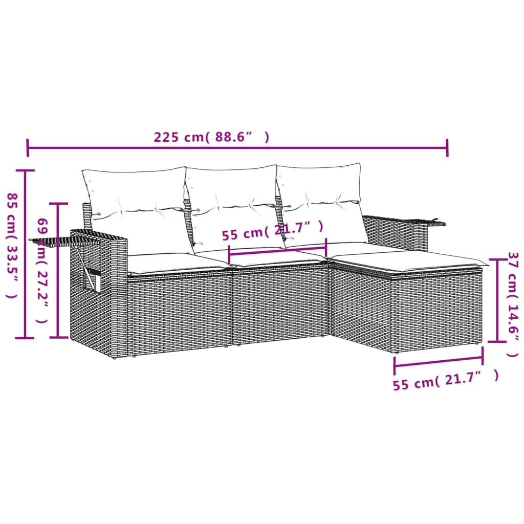 4-teiliges Gartensofa-Set mit Kissen, braun, Polyrattan
