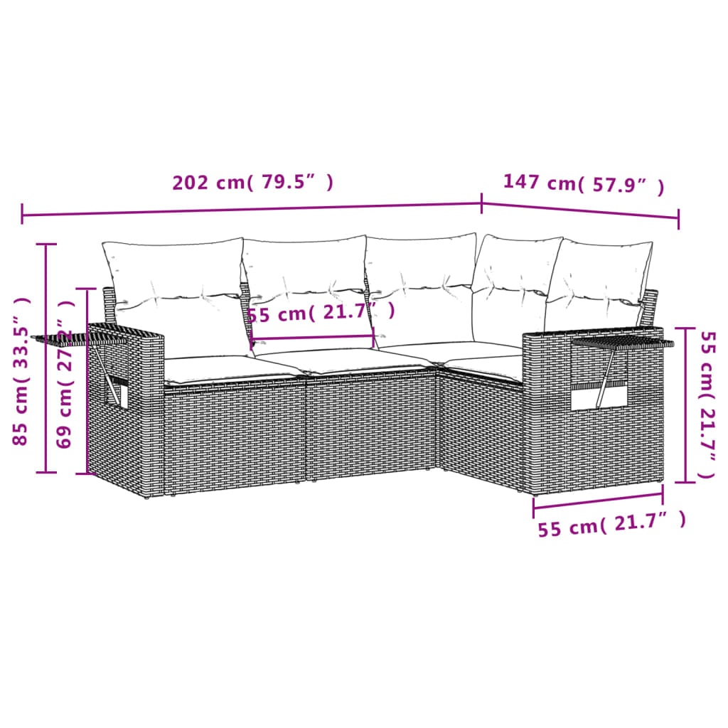 4-teiliges Gartensofa-Set mit Kissen, schwarzes Polyrattan