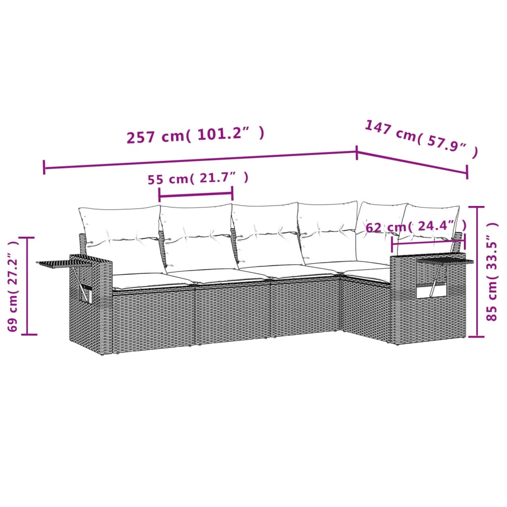 5-teiliges Gartensofa-Set mit Kissen, grau, Polyrattan