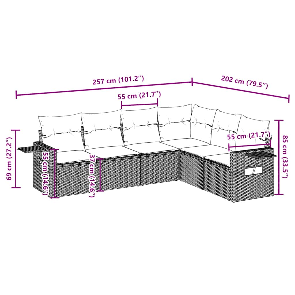 6-tlg. Garten-Sofagarnitur mit Kissen Braun Poly Rattan