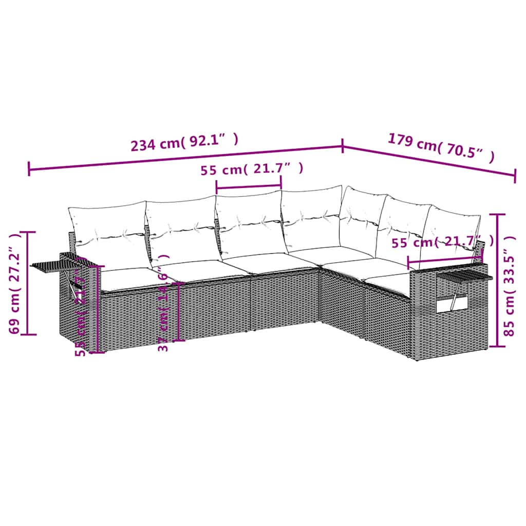 6-teiliges Gartensofa-Set mit Kissen, braun, Polyrattan