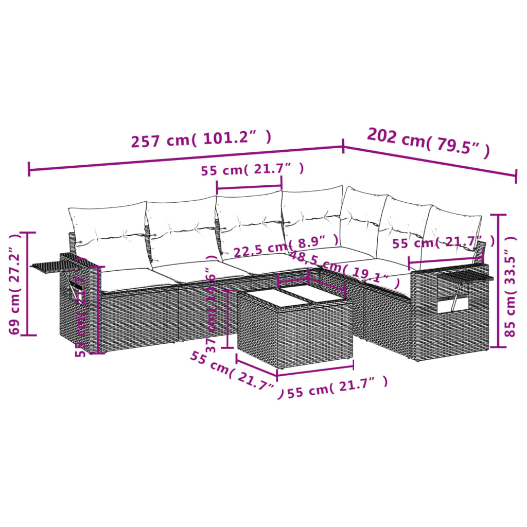 7-teiliges Gartensofa-Set mit Kissen, braun, Polyrattan