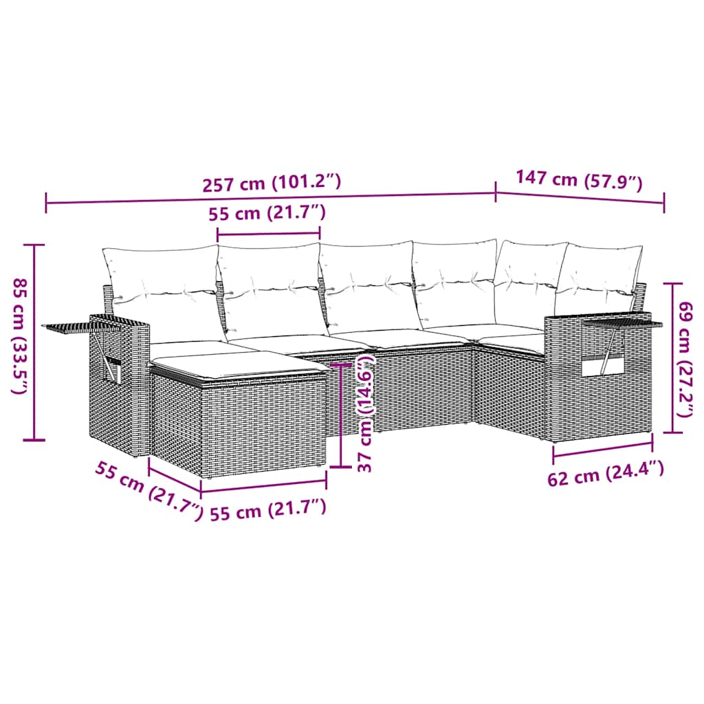 6-tlg. Garten-Sofagarnitur mit Kissen Braun Poly Rattan