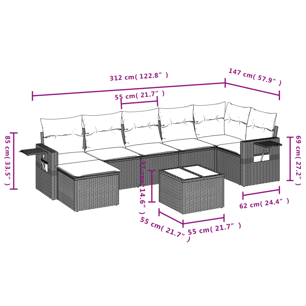 8-teiliges Gartensofa-Set mit Kissen, grau, Polyrattan