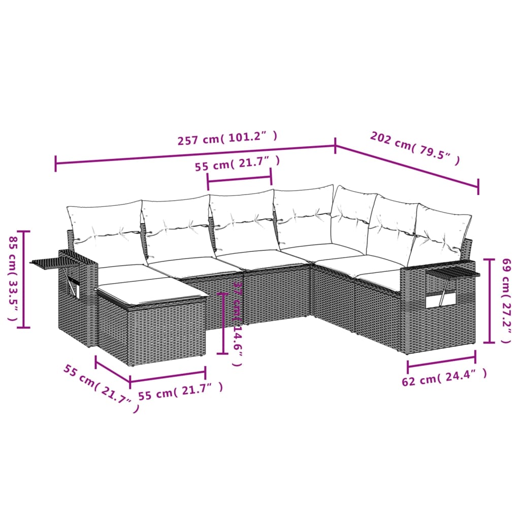 7-teiliges Gartensofa-Set mit Kissen, grau, Polyrattan