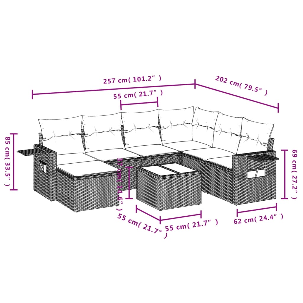 8-teiliges Gartensofa-Set mit Kissen, schwarzes Polyrattan