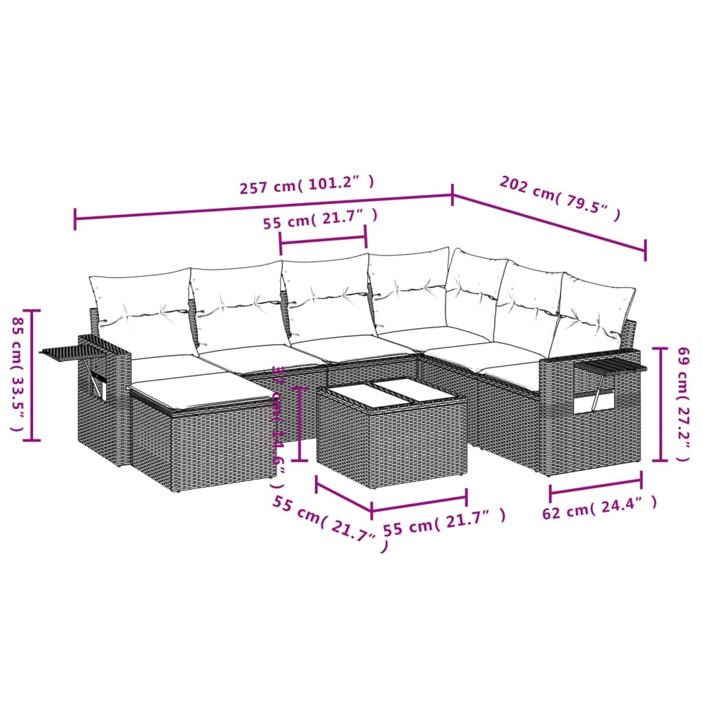 8-teiliges Gartensofa-Set mit Kissen, grau, Polyrattan