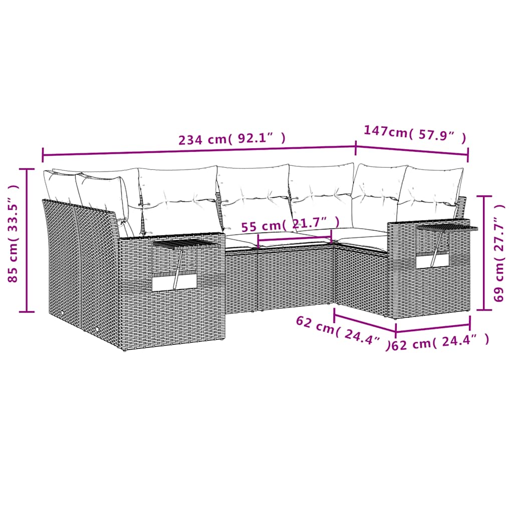 6-teiliges Gartensofa-Set mit Kissen, grau, Polyrattan